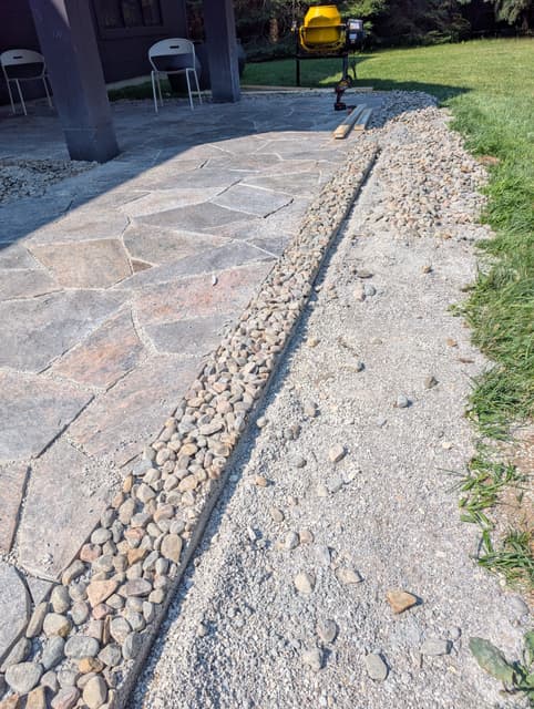 River rock drainage border set tight against the finished flagstone edge. — Collingwood, Ontario
